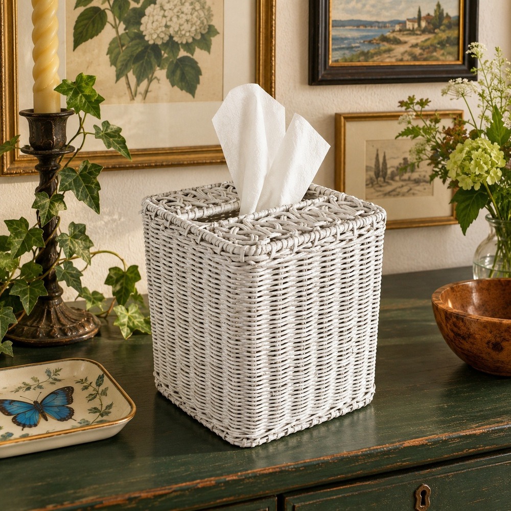 Vintage White Wicker Tissue Box Cover, Woven Cottage Home Decor